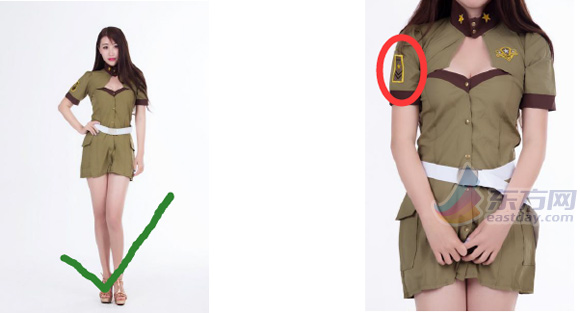 上图左边为审核过服装；右边为私自修改的服装，黄框区域肩带已经改变，属违规。